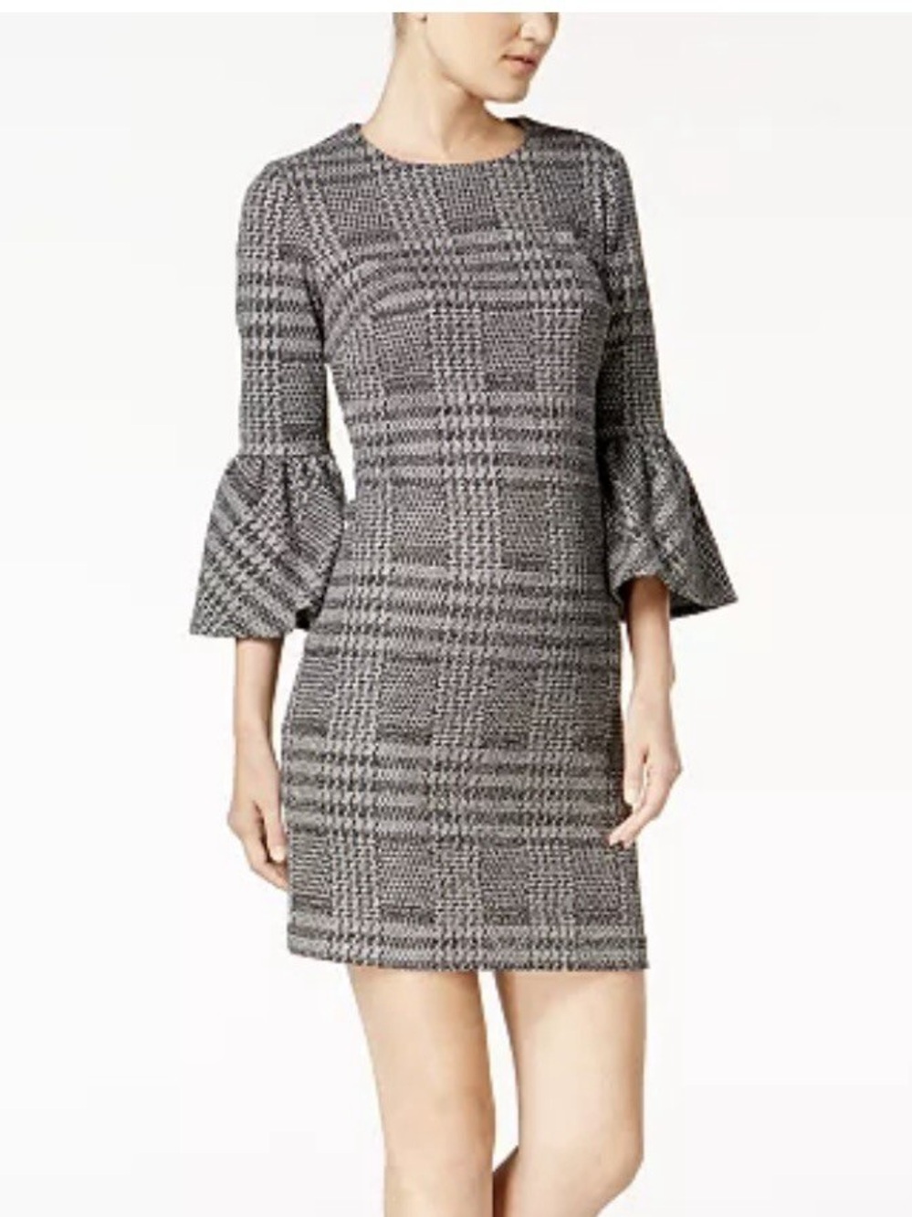 Calvin Klein Black & White Plaid Bell-Sleeve Mini Dress